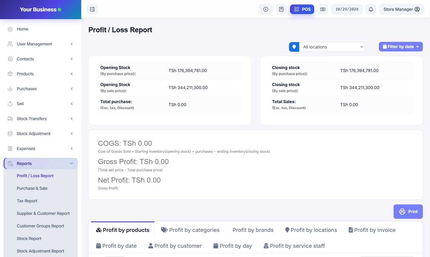 Profit & Loss screen