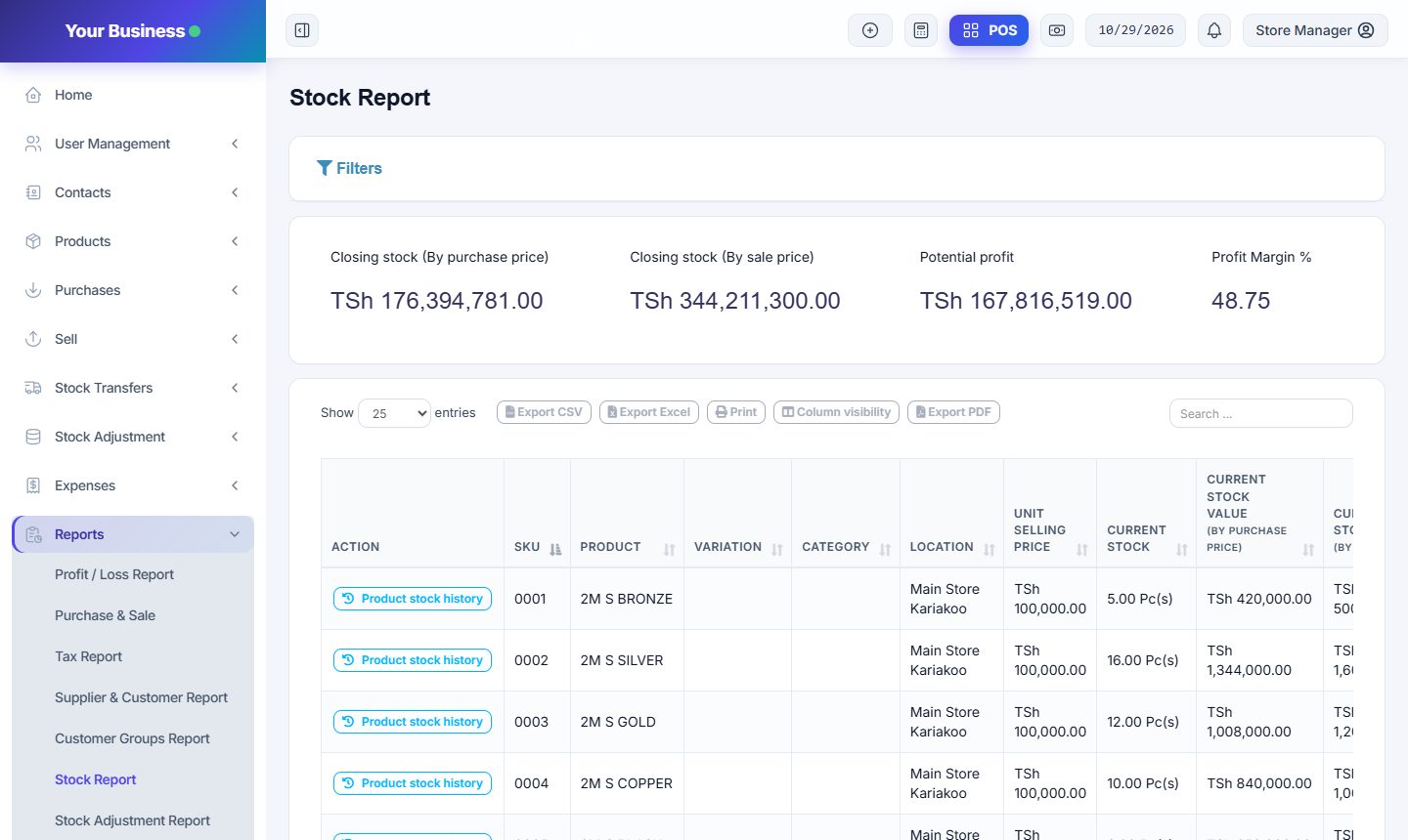 Stock Report screen